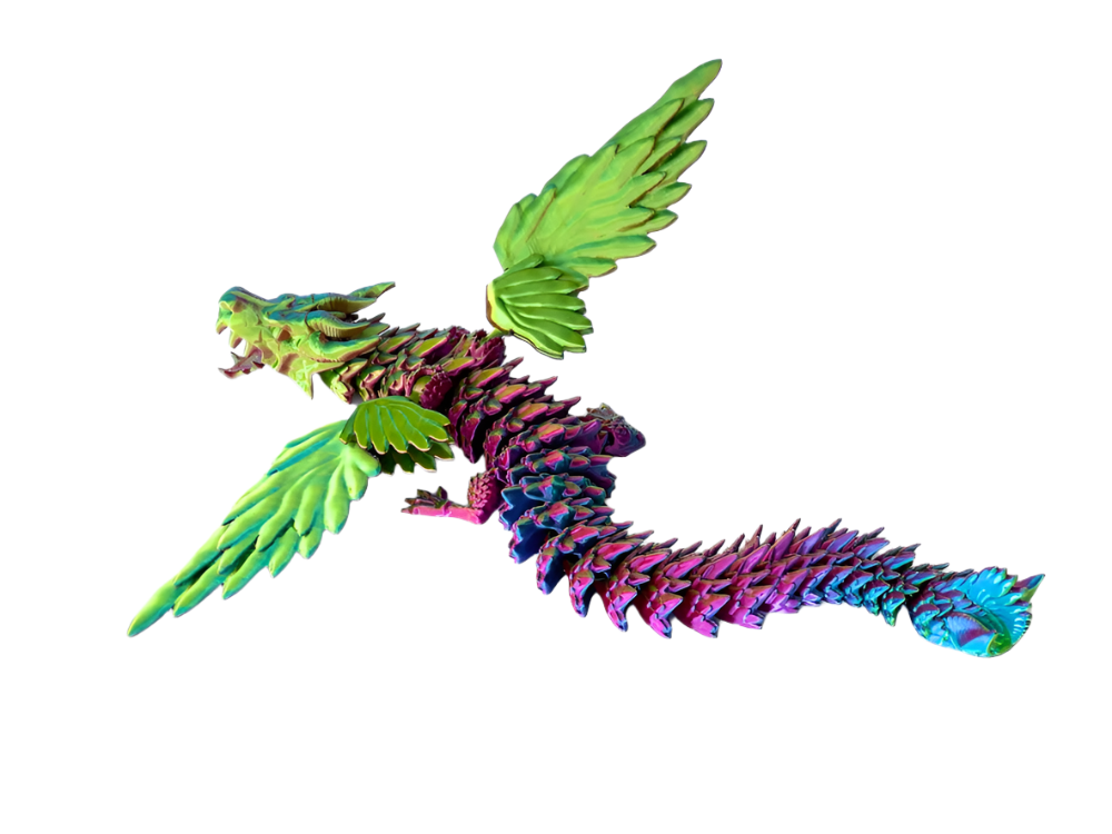 A winged, serpentine dragon figure flies. The creature is vibrantly colored with green wings, with a body that fades from green and pink to purple and blue. The context is a black background.