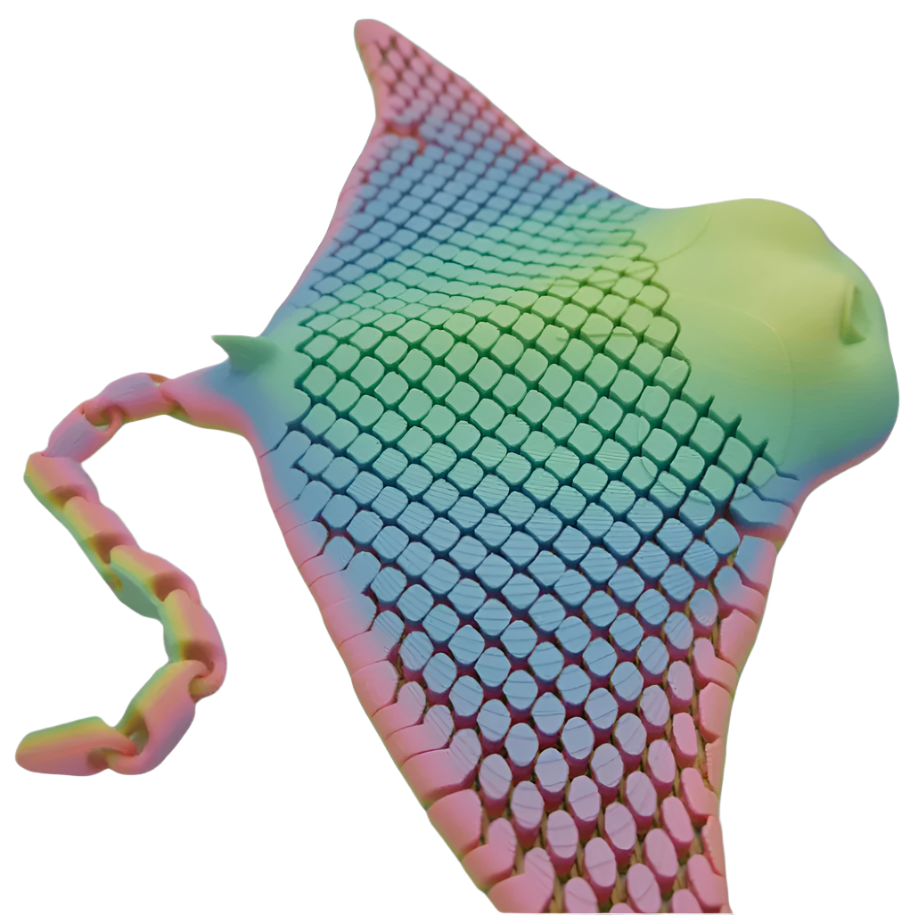 A stingray form is covered in a grid pattern that uses a gradient of colors, from pink to blue to green to yellow, in a black background.