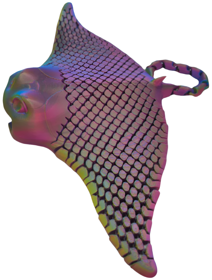 A stylized, iridescent stingray floats against a black background. Its body is covered in a pattern resembling scales.