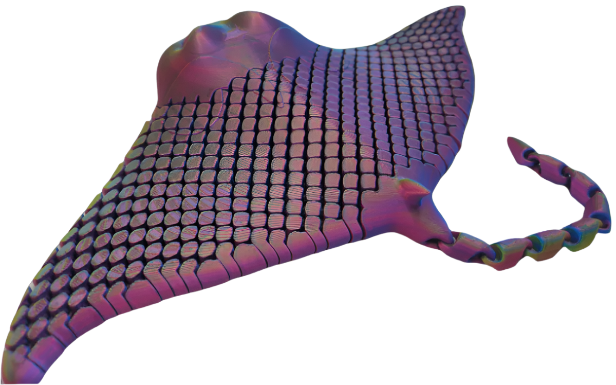 A stingray-shaped figure, iridescent and covered in a grid-like pattern, appears against a black backdrop, its long, segmented tail curving outward to the right.