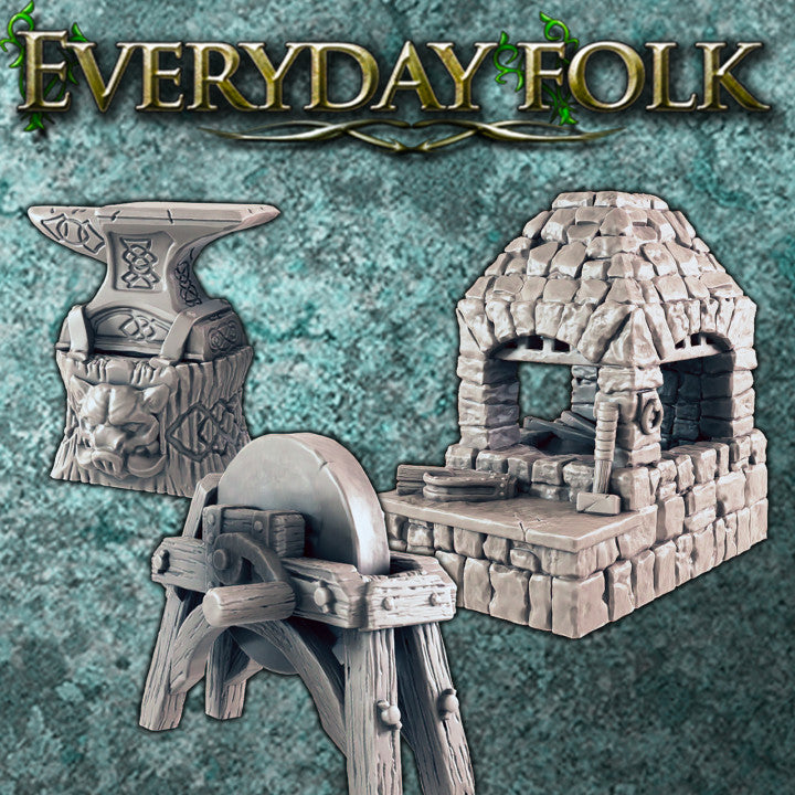 Blacksmith Forge, Anvil, and Grindstone