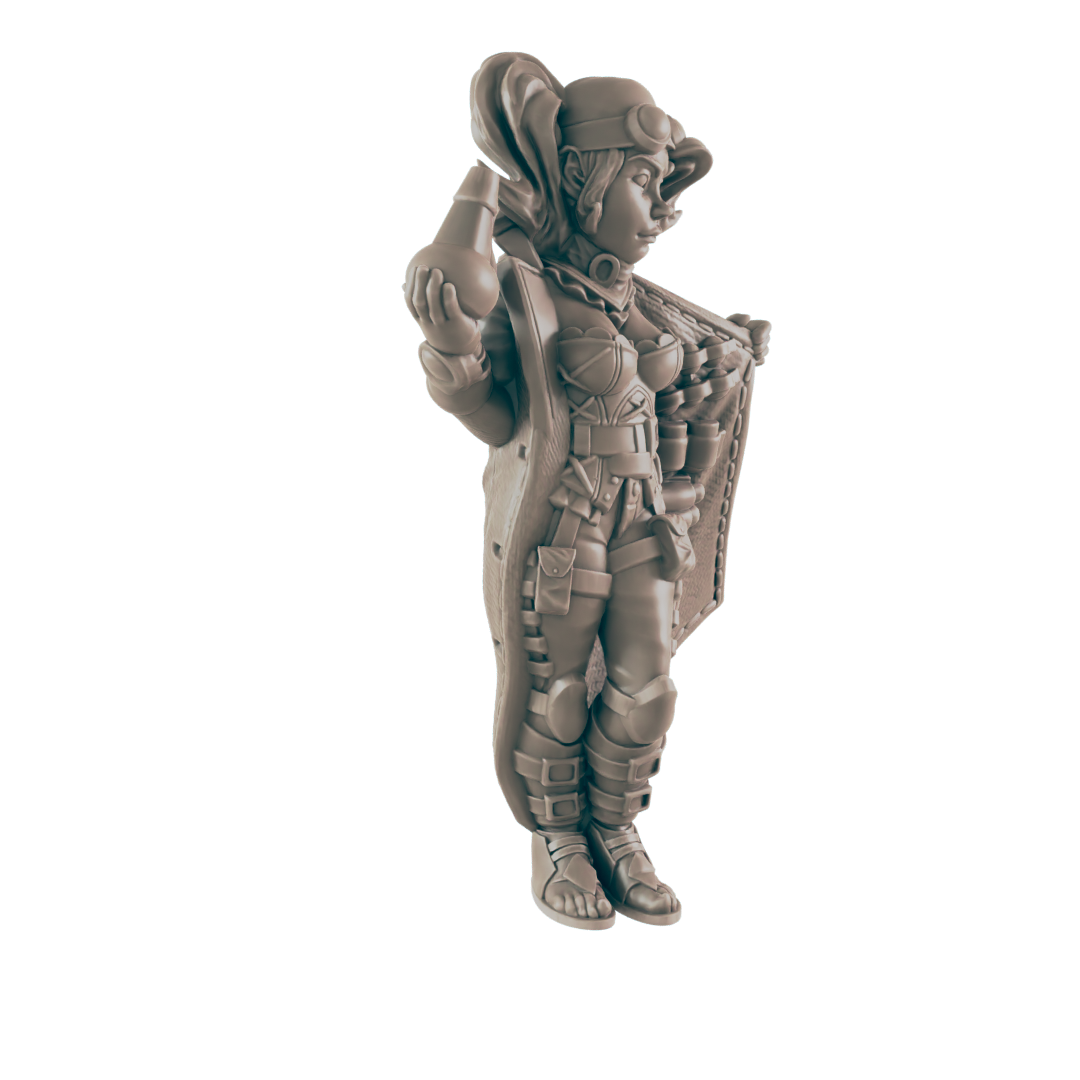 Clay-toned miniature figure of a woman in goggles and protective gear. She holds a round bottle and wears a long coat in a blank space.