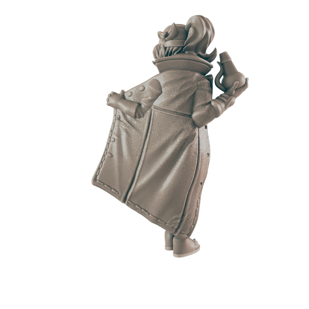 A miniature figure in a coat holds a bulbous bottle behind her back. She is viewed from behind in a plain black context.