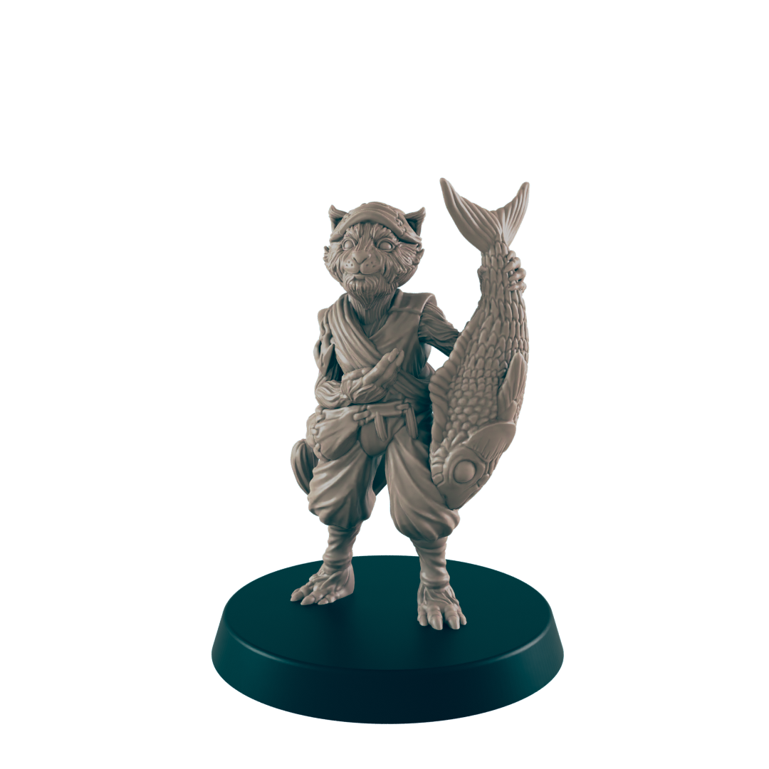 A cat-like humanoid figure stands on a circular base, holding a large, detailed fish against its shoulder, set against a solid black background.