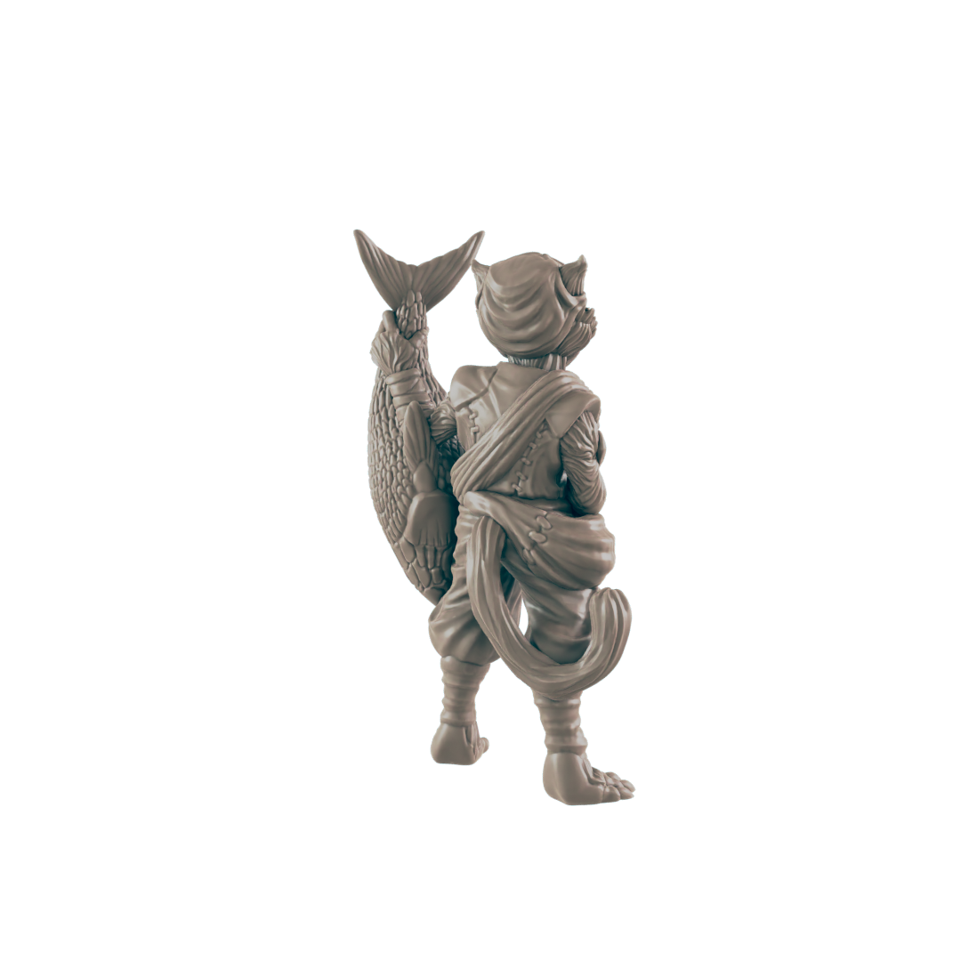A cat-like figure stands, holding a large fish up behind its back. The figure wears robes and a belt, appearing in a monochromatic black background.