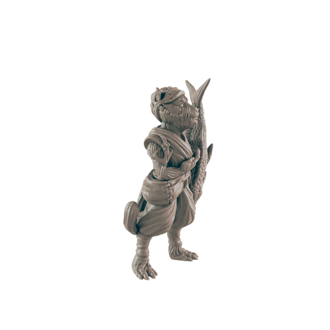 A sculpted figure of a beast-like humanoid holds a large fish; it stands on two legs, against a black background.