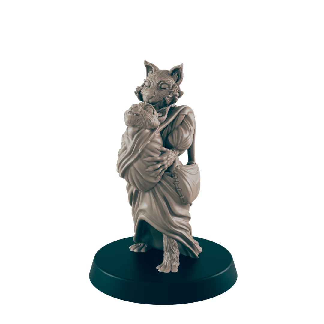 The grey humanoid wolf figure holds a baby-like creature wrapped in a blanket on a black base. The wolf wears a long robe and has a purse hanging from their hip.