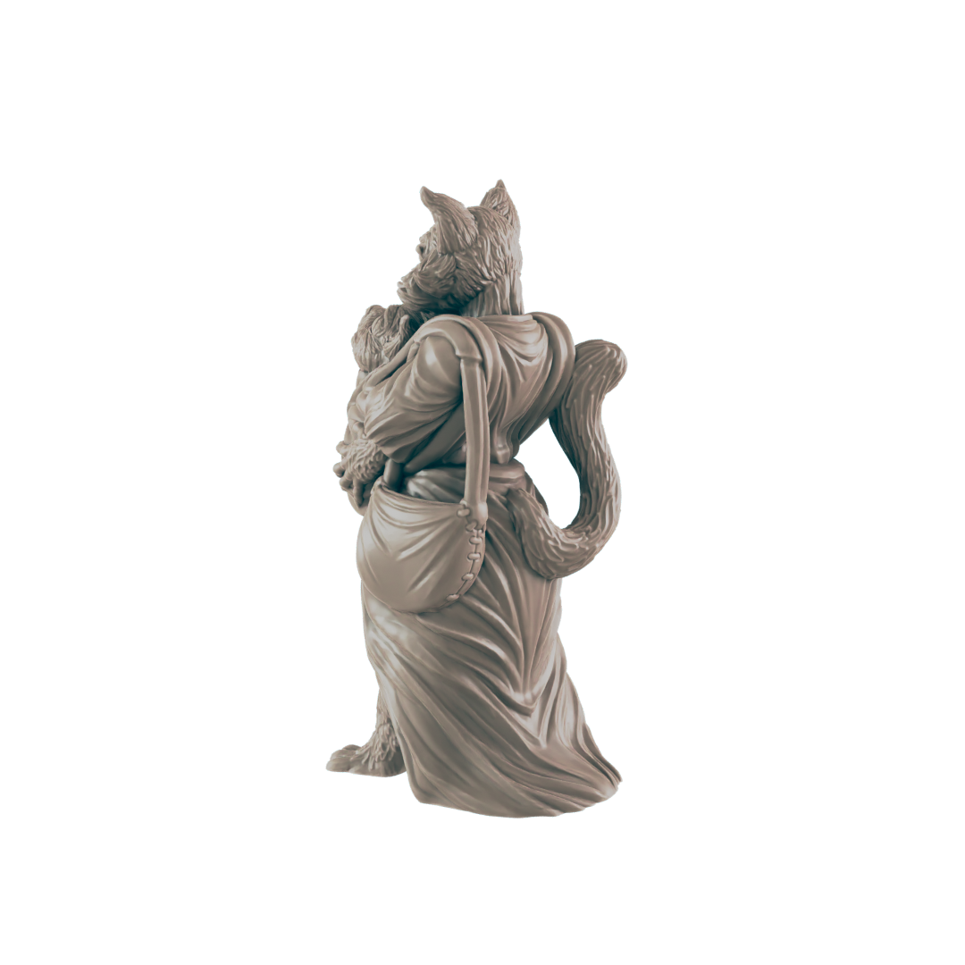 A fox-like humanoid figure stands, draped in robes, and holds a child wrapped in what appears to be fur. The background is solid black.