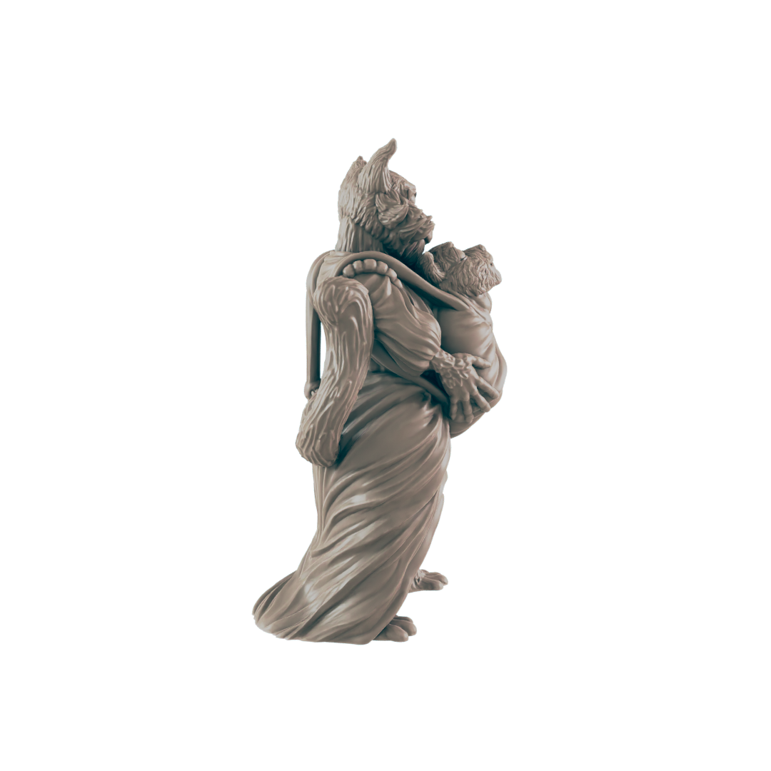 A sculpted figure of a large, cloaked creature carries a smaller creature; the pair stand against a black background.