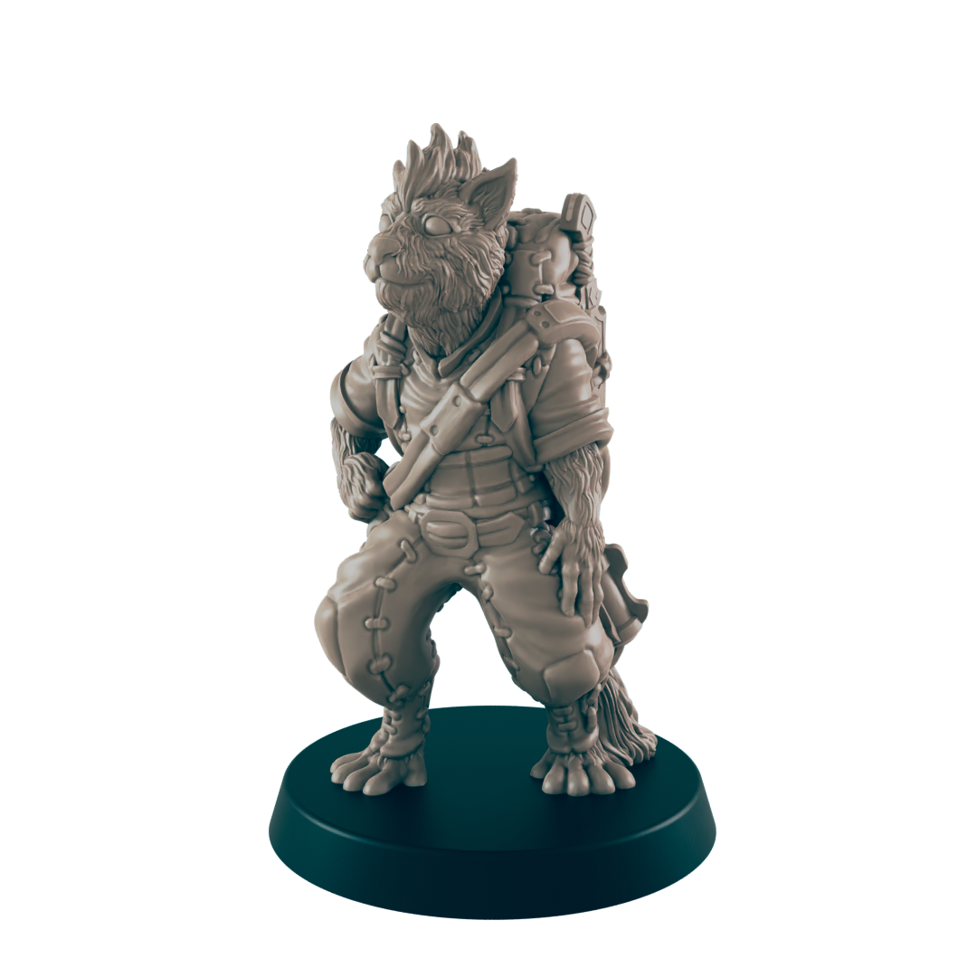 A furry, anthropomorphic figure stands on a dark circular base, posed with one hand on its hip. It wears adventure clothing and appears to have gear strapped to its back.