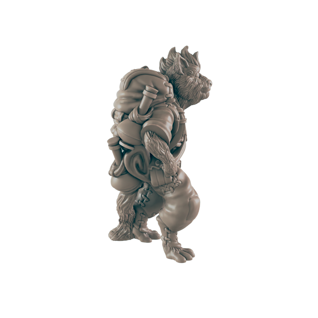 A furry, bipedal creature wearing a backpack stands. The figure, rendered in grayscale, appears on a black background.