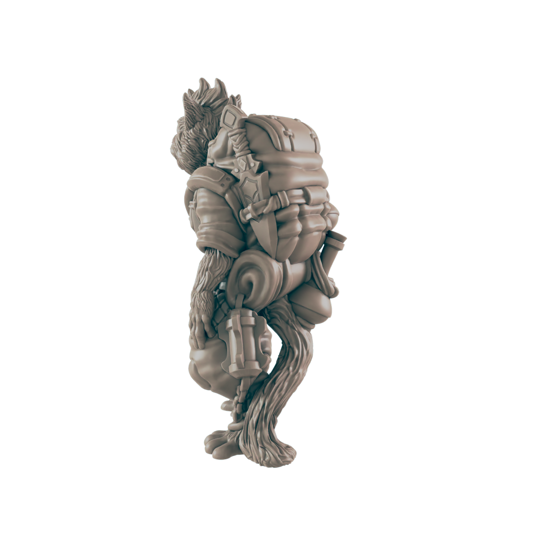 A raccoon-like figurine stands, heavily burdened by a large backpack and various pouches, suggesting a journey.