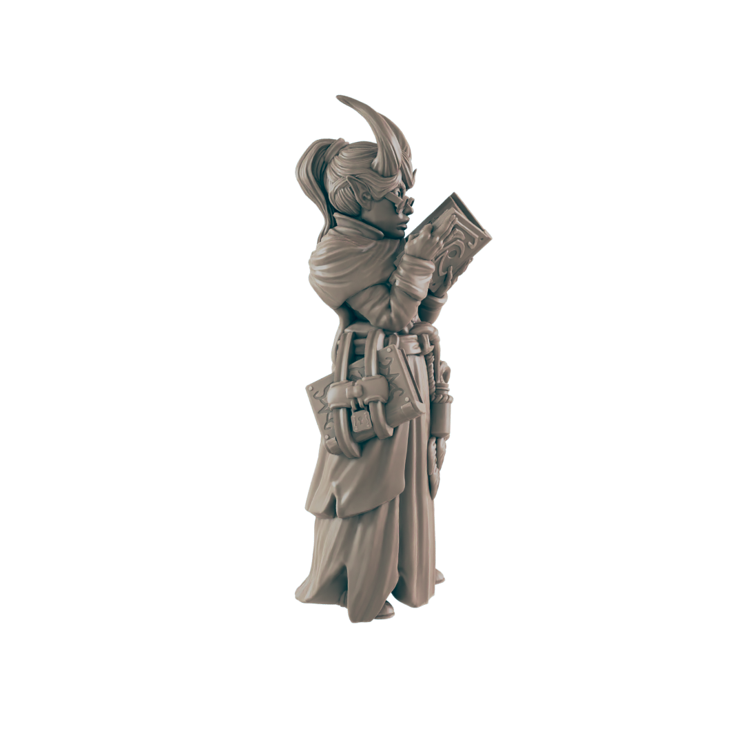 A grey horned mage wearing glasses reads from a book. She wears a robe and belt pouches, standing in a black void.