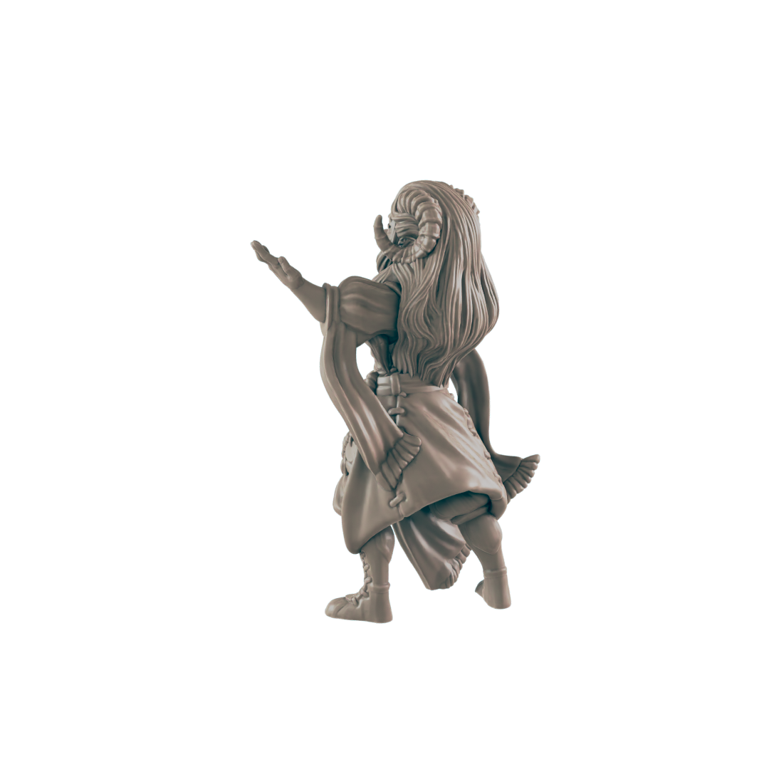 A grey-clay figure stands with its arm outstretched, palm open, facing away from the viewer. It has horns and long hair, and wears a robe-like garment, against a black background.