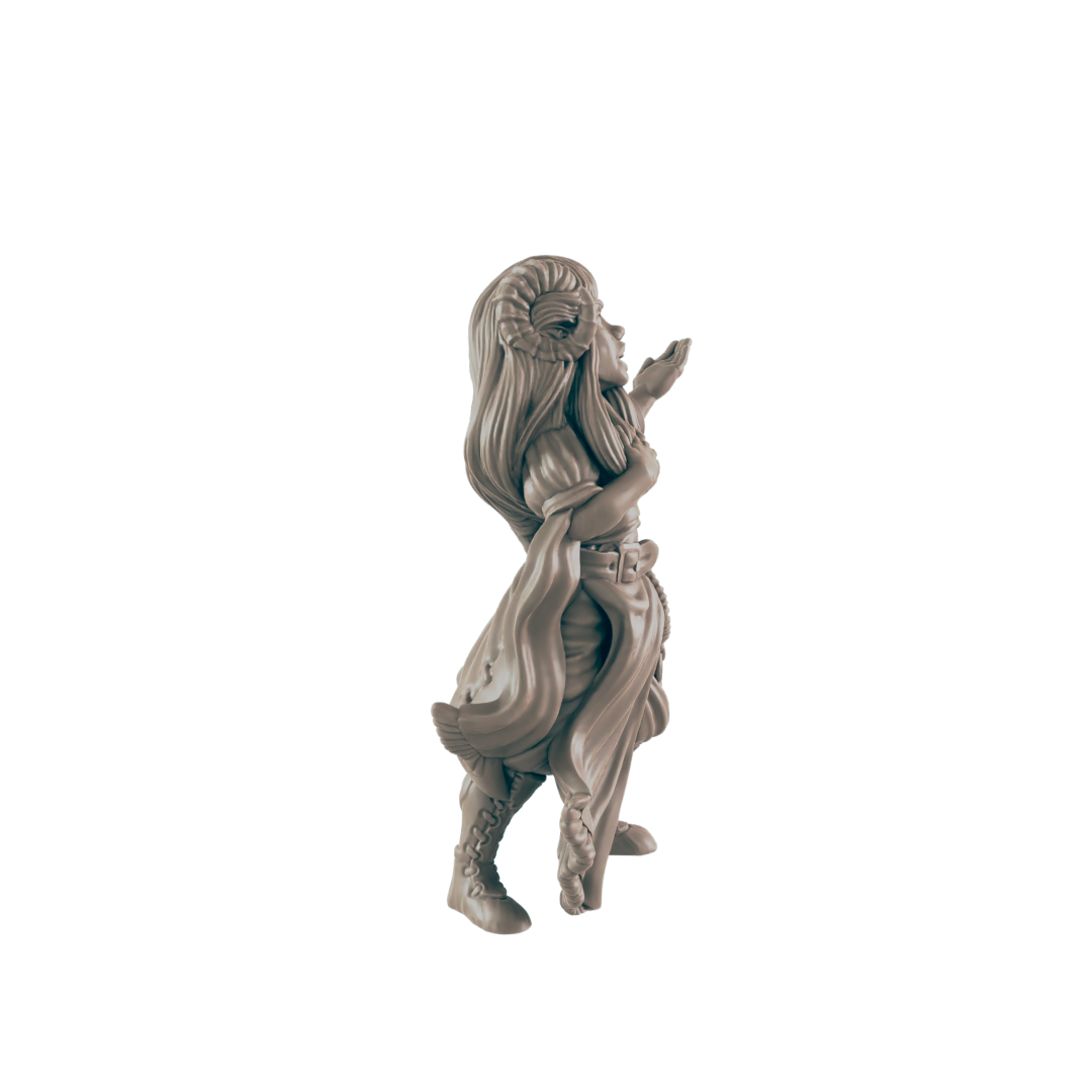 A miniature figurine of a female character, possibly an elf or similar fantasy creature, stands against a dark background. She is blowing a kiss.