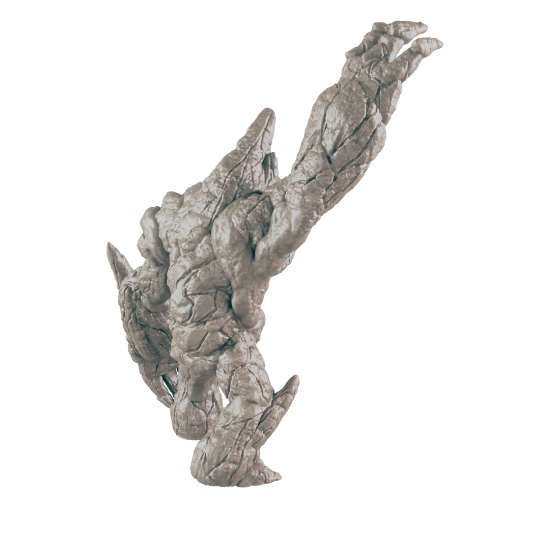 A stone creature, seemingly in motion, is shown against a dark background. Its form is rough and uneven, suggesting a rocky texture.