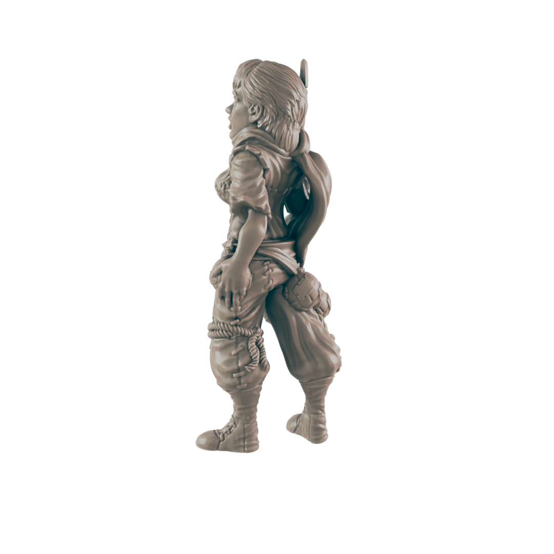 A female figurine stands, possibly a warrior, against a black background. She wears tattered clothing and boots.