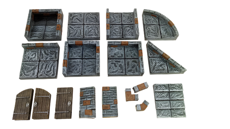 Various stone and wooden dungeon tiles lie ready to be assembled on a black background. The tiles consist of walls, floors, corners, and doorways, allowing for various dungeon configurations.