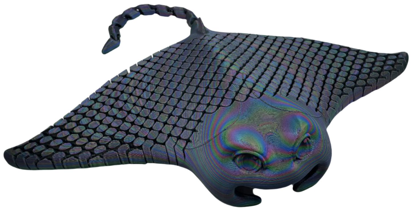 A stingray-shaped figure, patterned with scale-like ovals, seems to fly in a dark or void-like setting. The stingray's head area has iridescent, swirling colors.