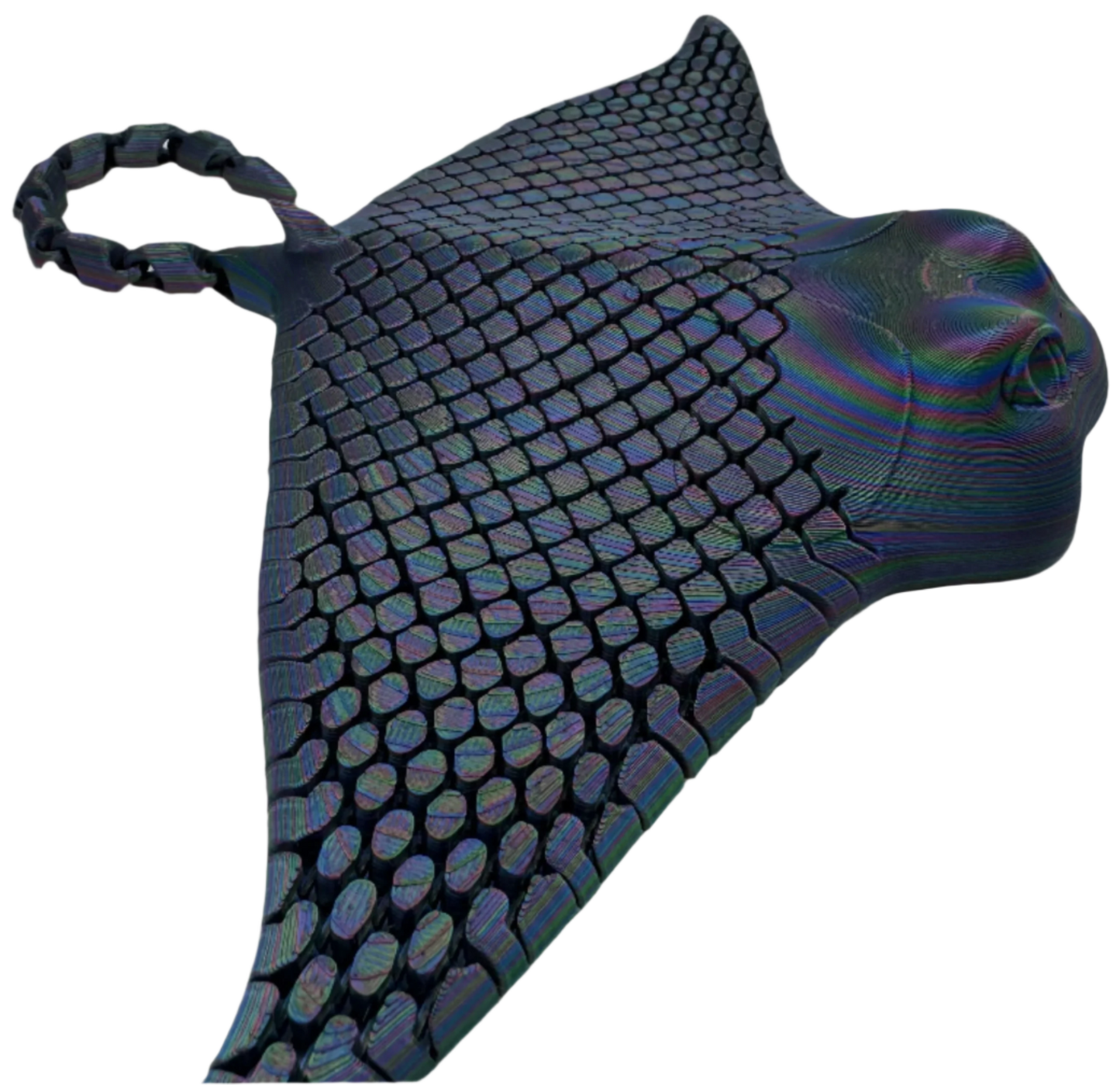 A stylized, dark ray figure with iridescent, scale-like texturing floats against a black backdrop; the object features a loop and somewhat textured head.