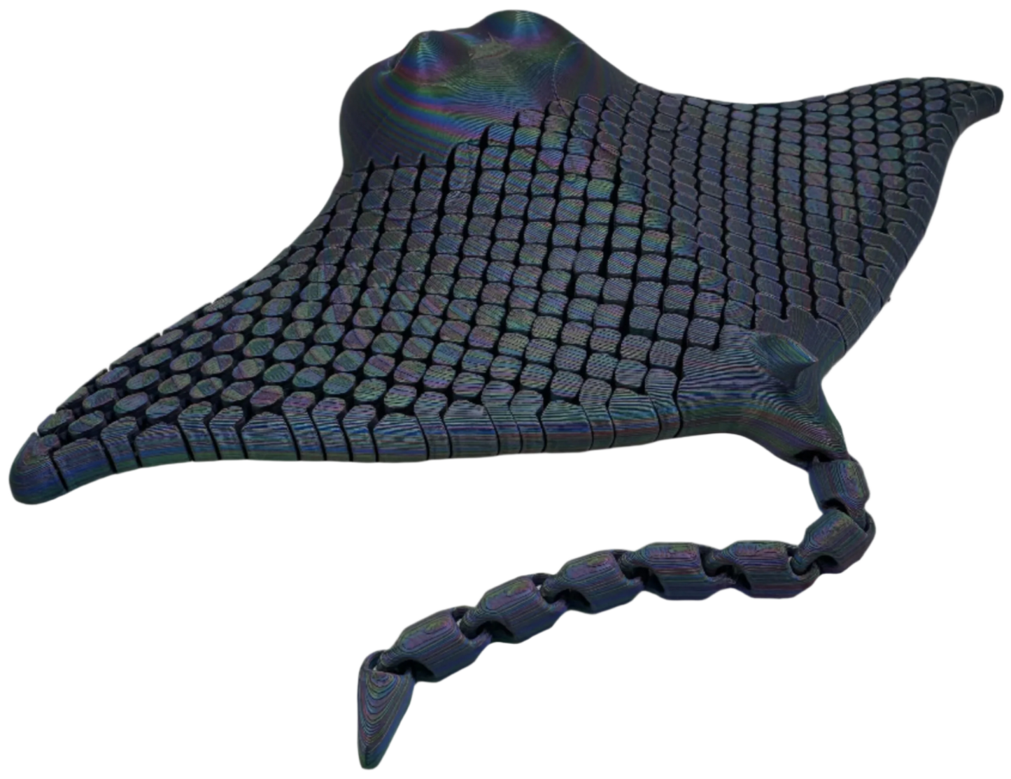 A stingray-shaped object displays a gridded texture over its body. The object has a segmented tail. It floats on a solid black background.