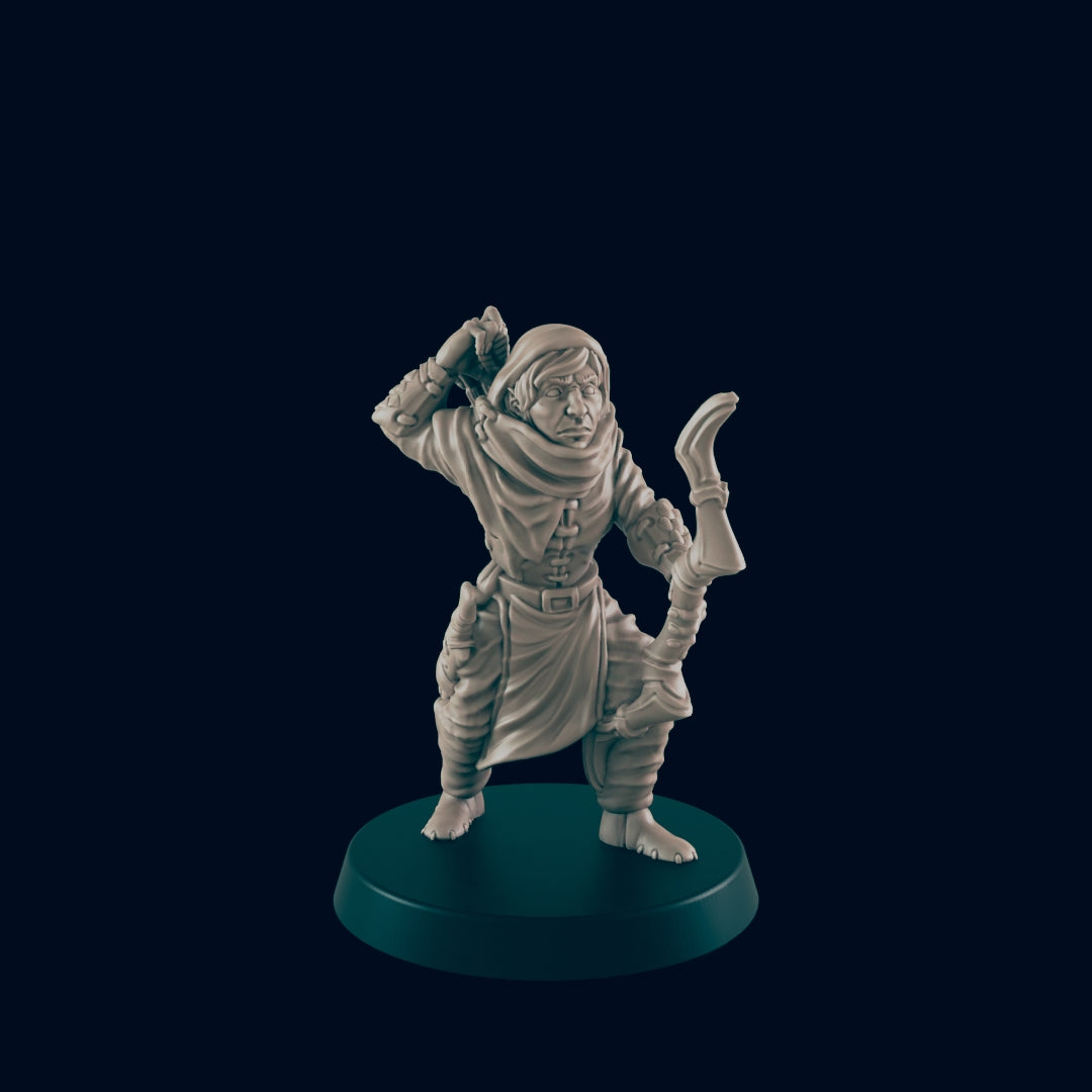 A sculpted archer figure with hood draws back an arrow on a stand, ready to fire, set against a deep blue background.