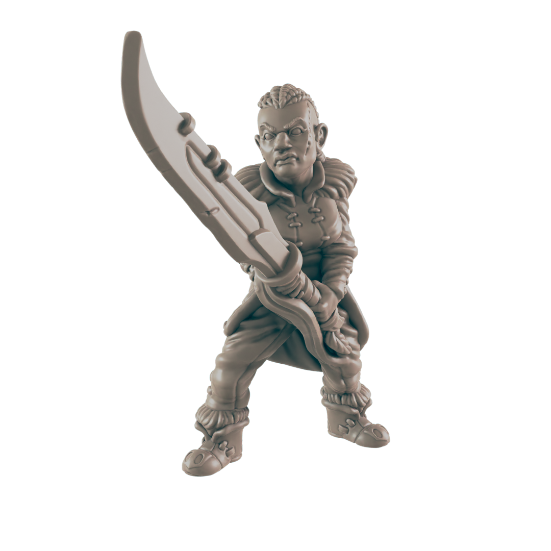 A grey 3D model of a female dwarf stands, holding a huge crescent-shaped sword above her head with two hands, wearing a fur-trimmed tunic, trousers, and boots.