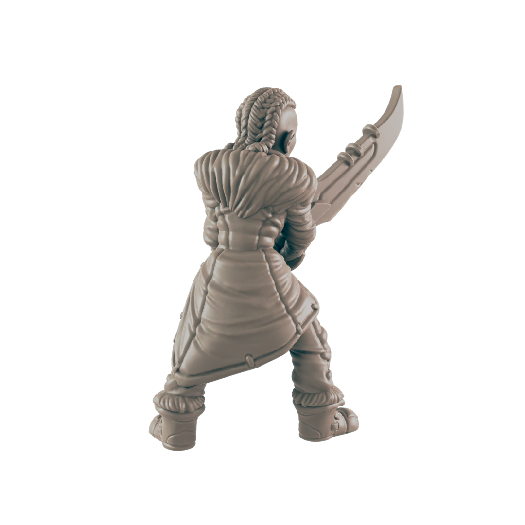 A miniature figurine, appearing female, wields a large sword, standing against a dark background.