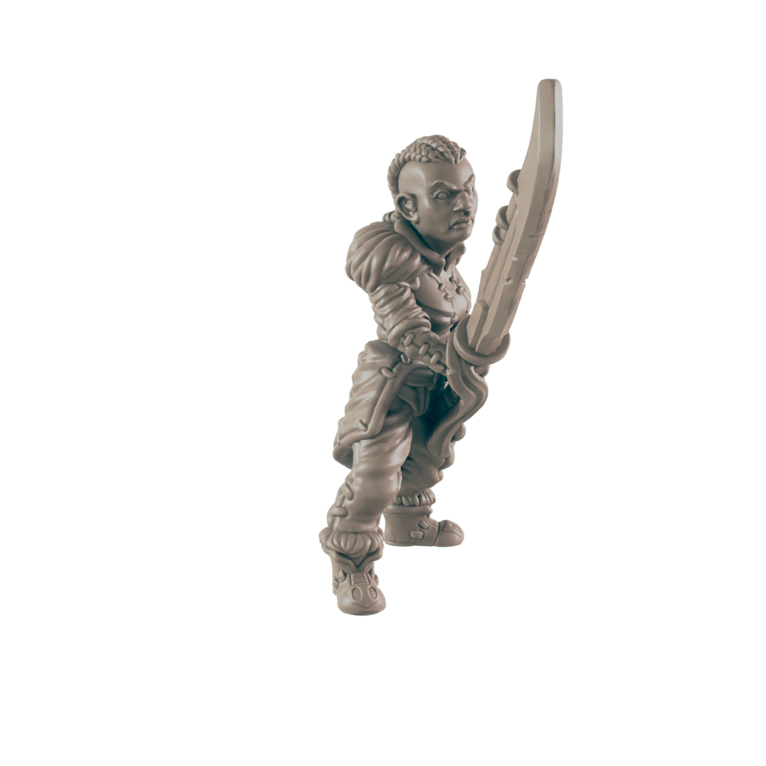 A miniature dwarf figure holds a large sword, standing against a dark background.