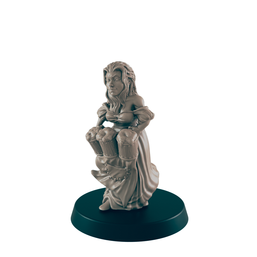 A sculpted female figure carries two large beer steins, standing on a circular base against a dark background.