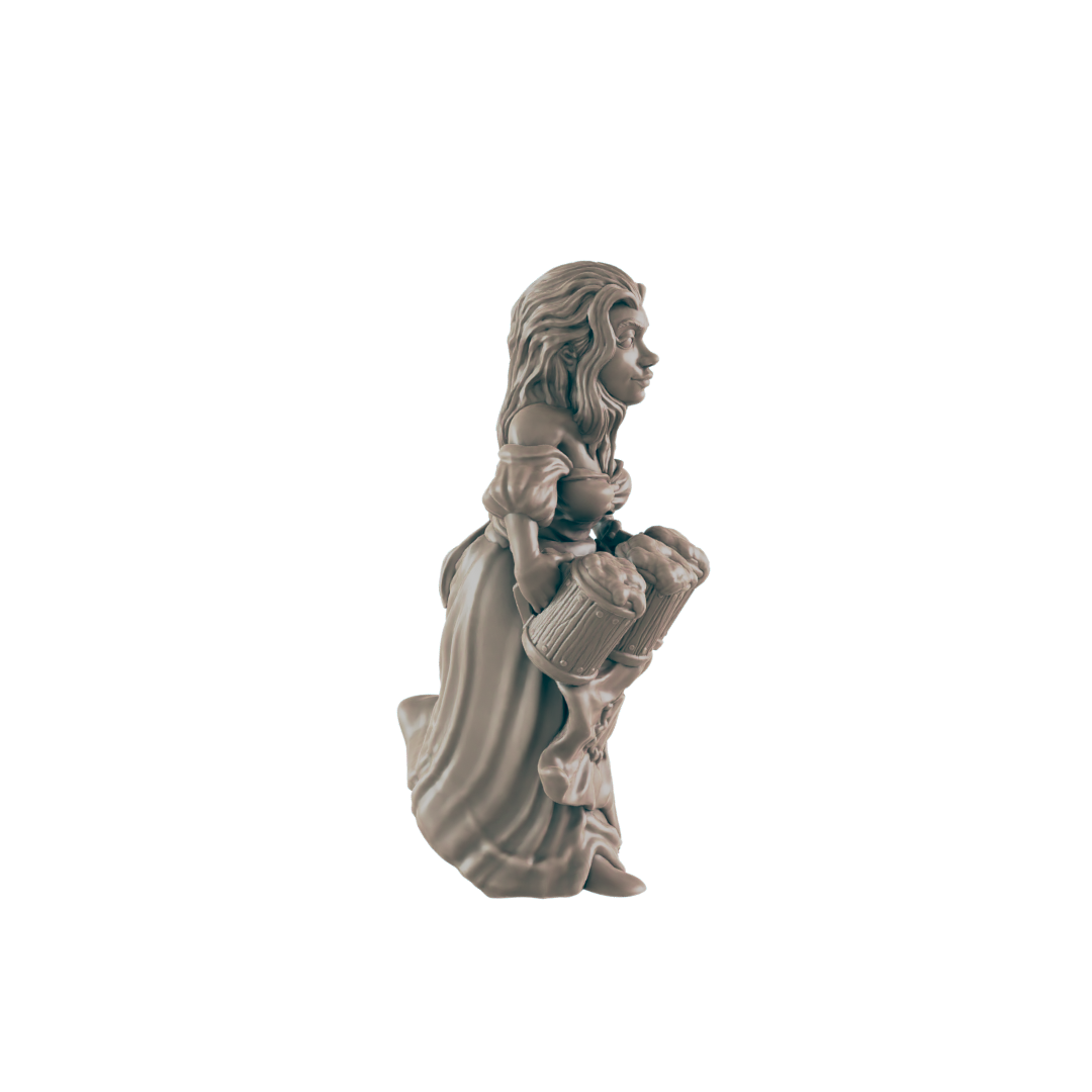 A sculpted female figure carries two beer steins, against a dark background.