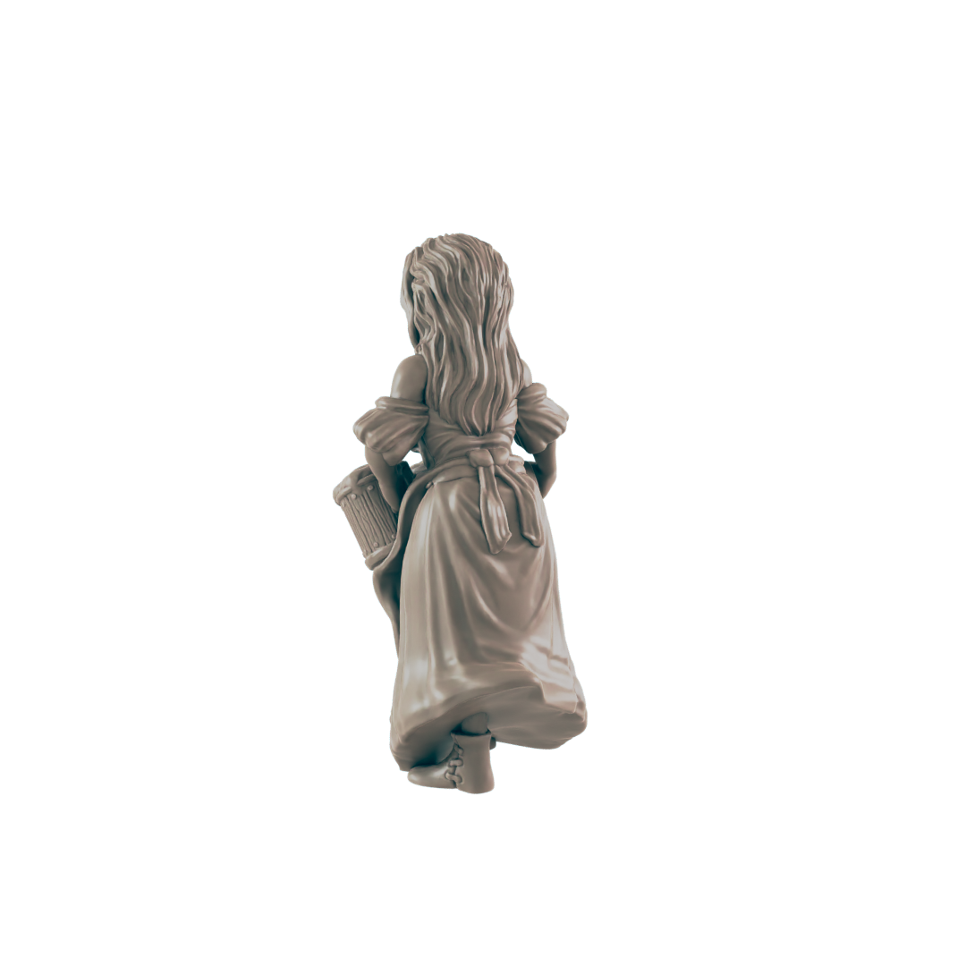 A miniature figurine of a woman, carrying a barrel, walks away from the viewer against a black background.