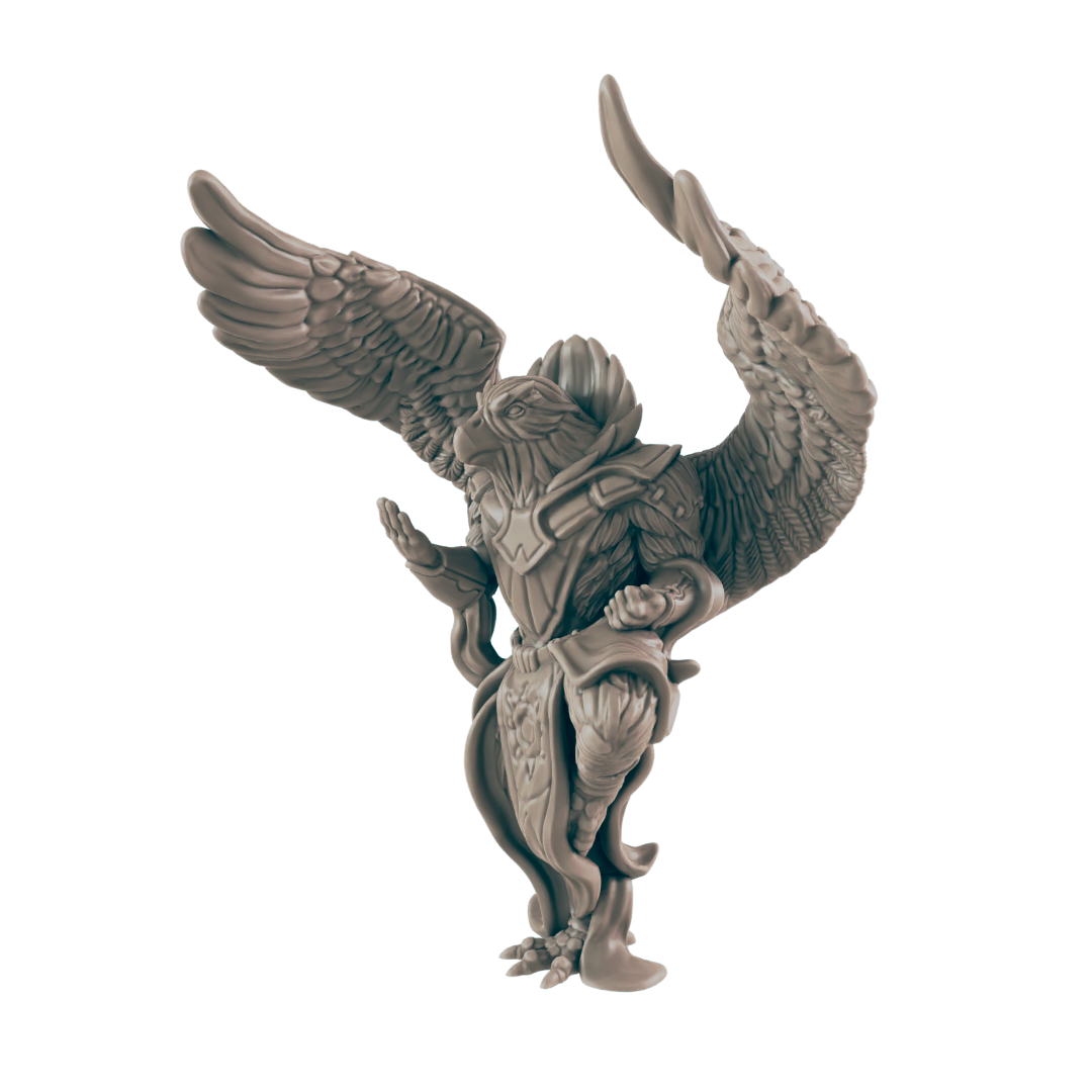 A winged, bird-headed humanoid raises its arms, standing. A featureless background surrounds the figure.