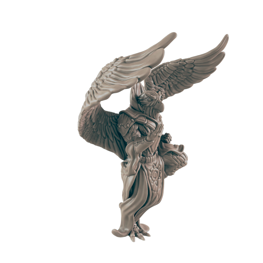 A sculpted avian humanoid figure stands, wings outstretched, against a black background.