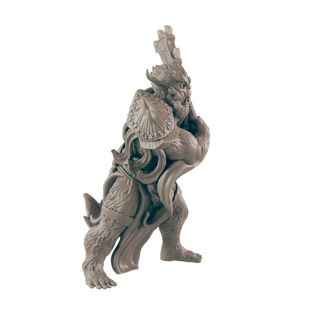 A sculpted ape-like figure, possibly a miniature, is posed in a defensive stance, against a plain dark background.