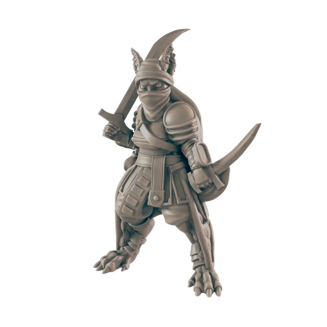 A humanoid jackal warrior stands, holding a sword and a scimitar. Dressed in armor and a mask, the warrior stands on a white background.