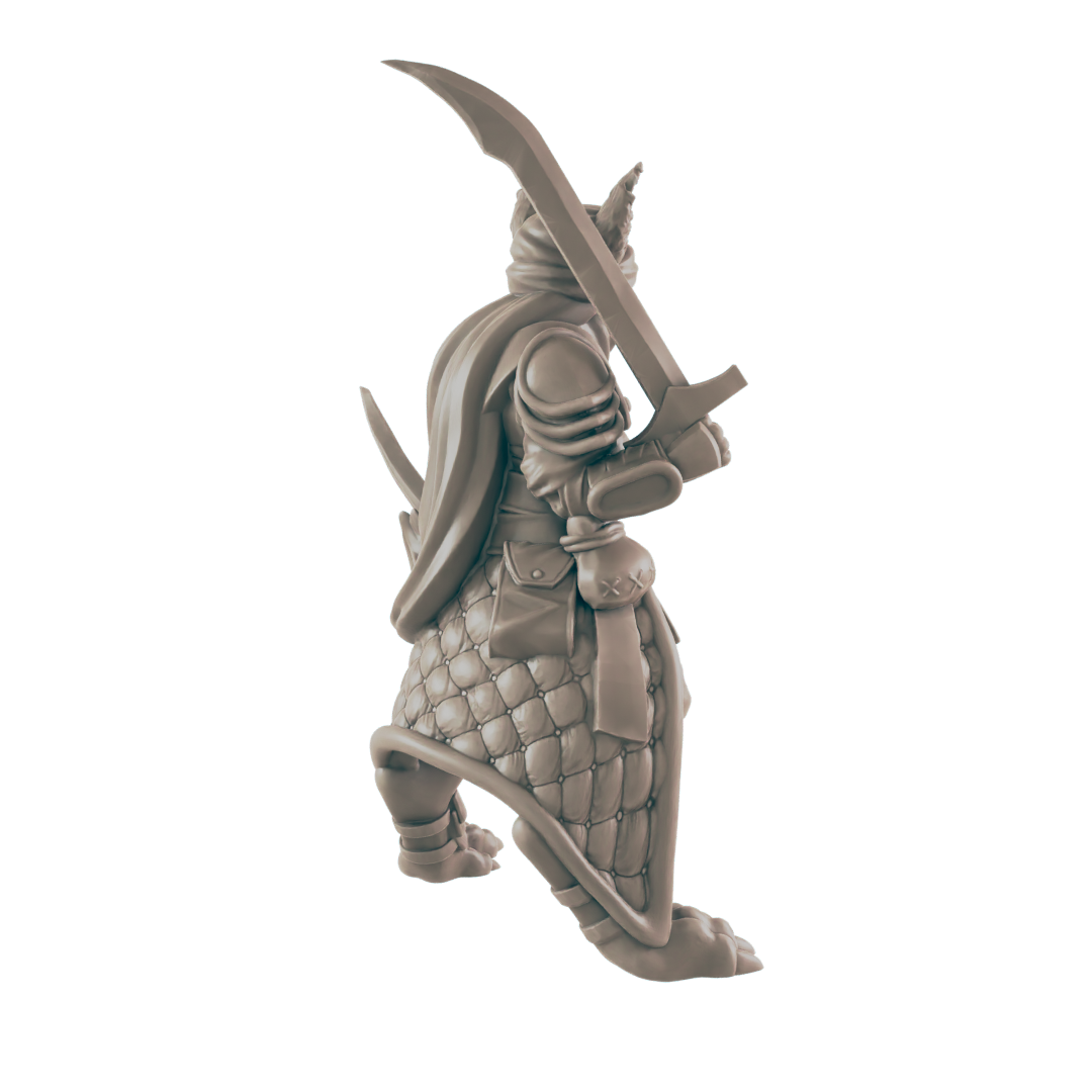 A warrior clad in scale armor raises a curved sword on a black background, his cape flowing behind him and a pouch hangs at his waist.