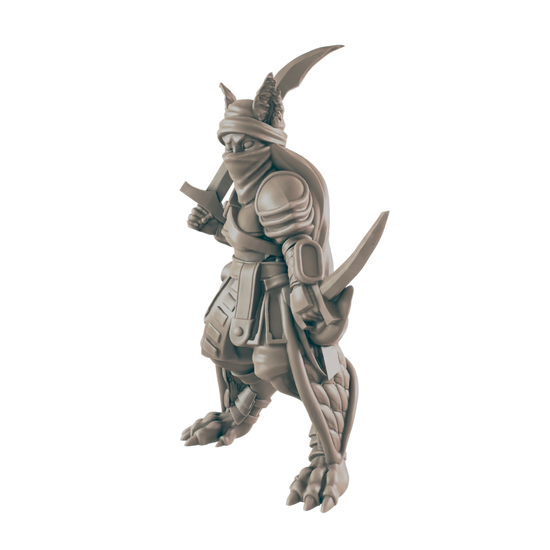 A rabbit-like humanoid figure in armor is depicted holding a sword in its right hand. The background is a solid, dark color.