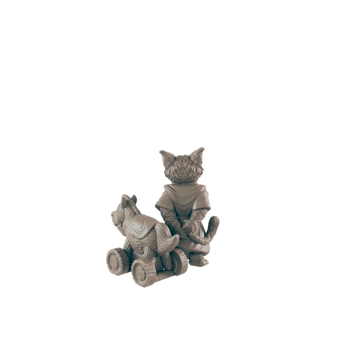 A cat figurine sits behind a rocking horse toy with wheels. The background is black.
