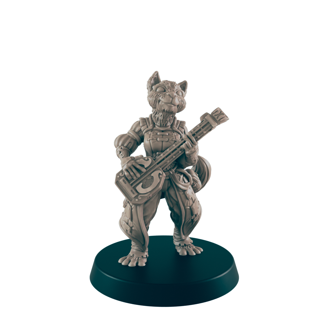 A tan-colored, humanoid feline figurine plays a stringed instrument. The miniature stands on a black, circular base, and the background is black.