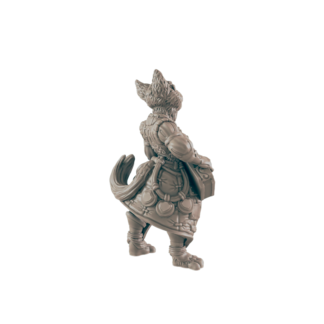 A cat-like humanoid figure stands, clad in detailed, ornate clothing with a thick tail visible; the monochrome statue is set against a black background.