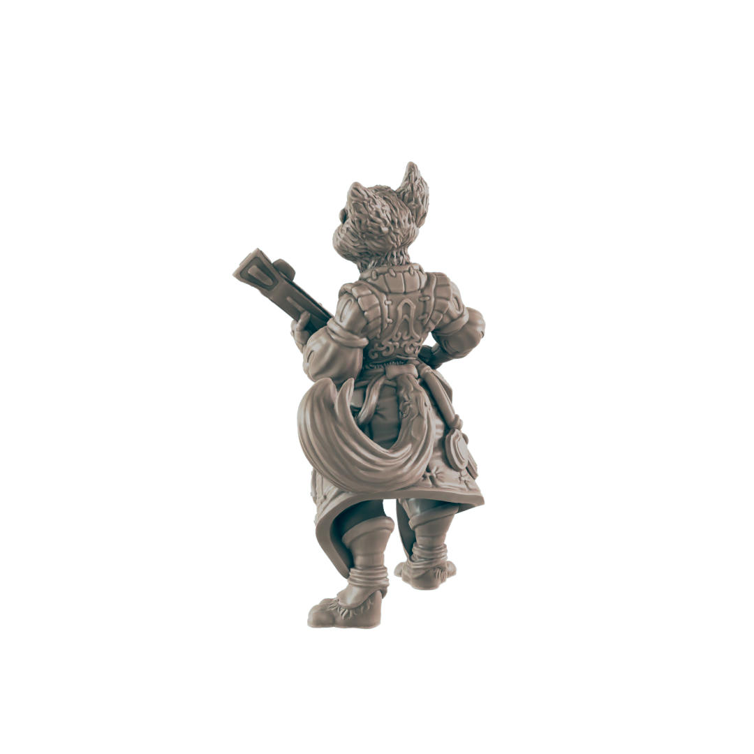 A miniature fox-like figure, playing a lute, stands against a dark background.