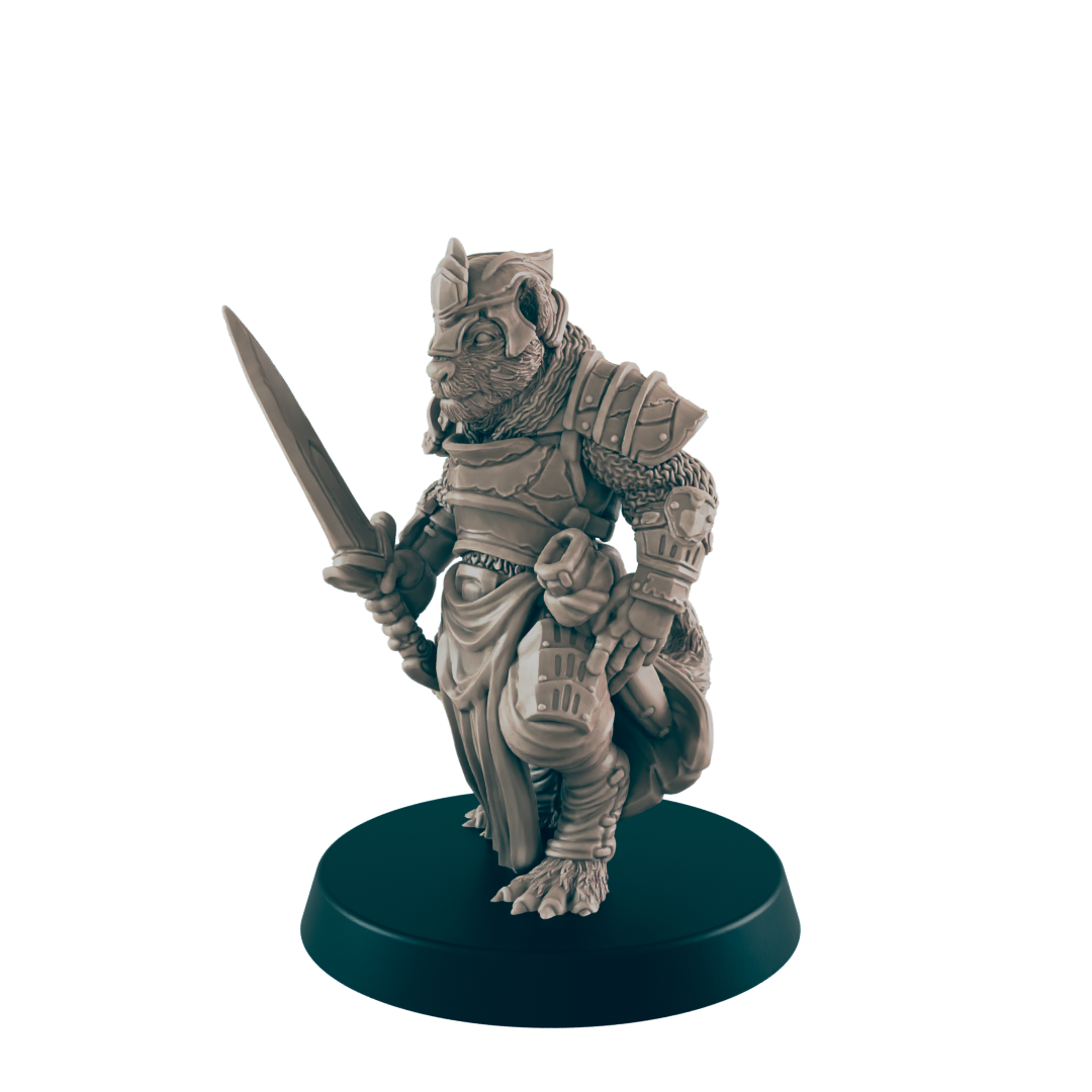A humanoid lizard miniature stands on a round base, holding a sword. The figure wears armor and has a determined expression, set against a dark background.