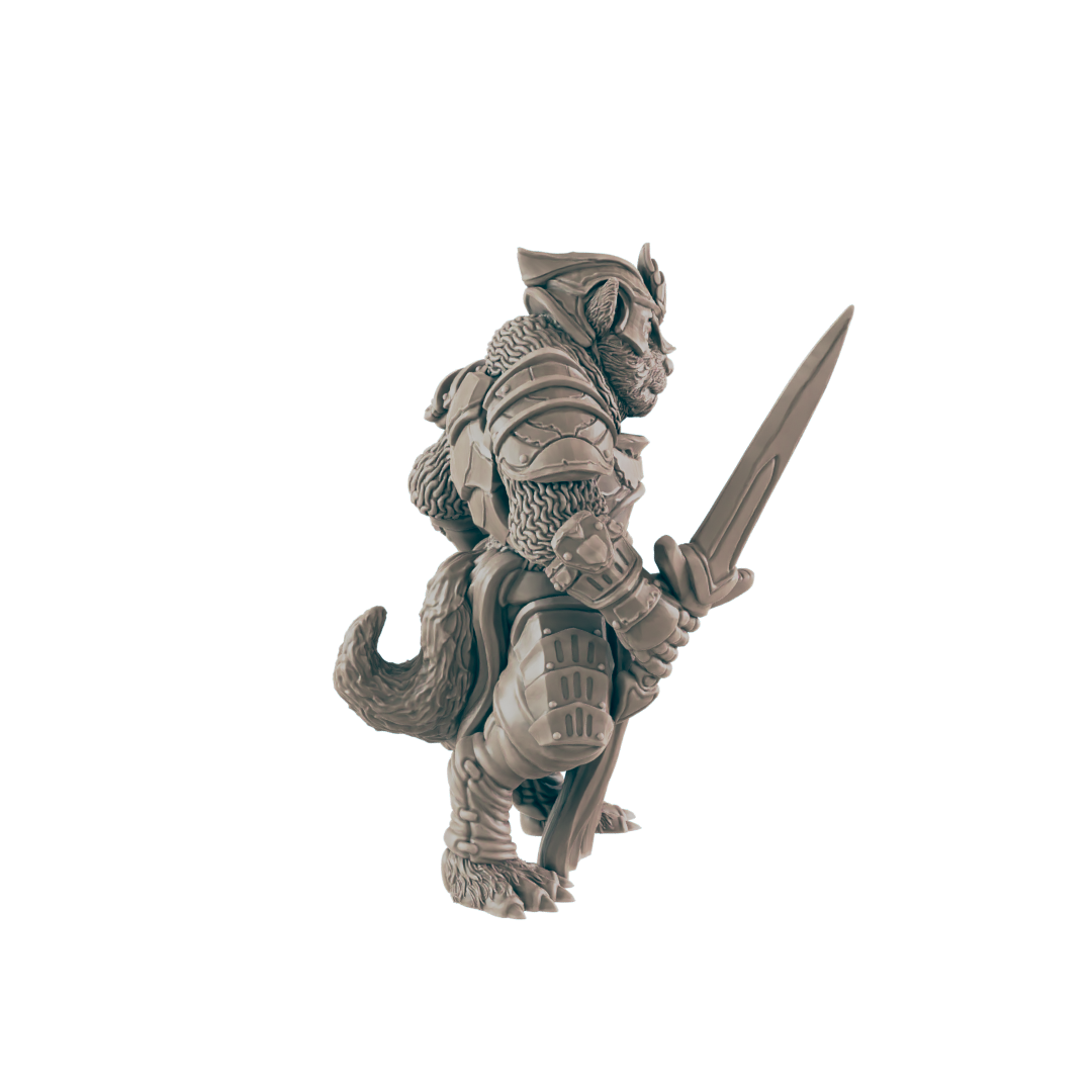 An anthropomorphic cat-like figure in armor stands at attention, holding a sword. The figure is set against a dark blue background.