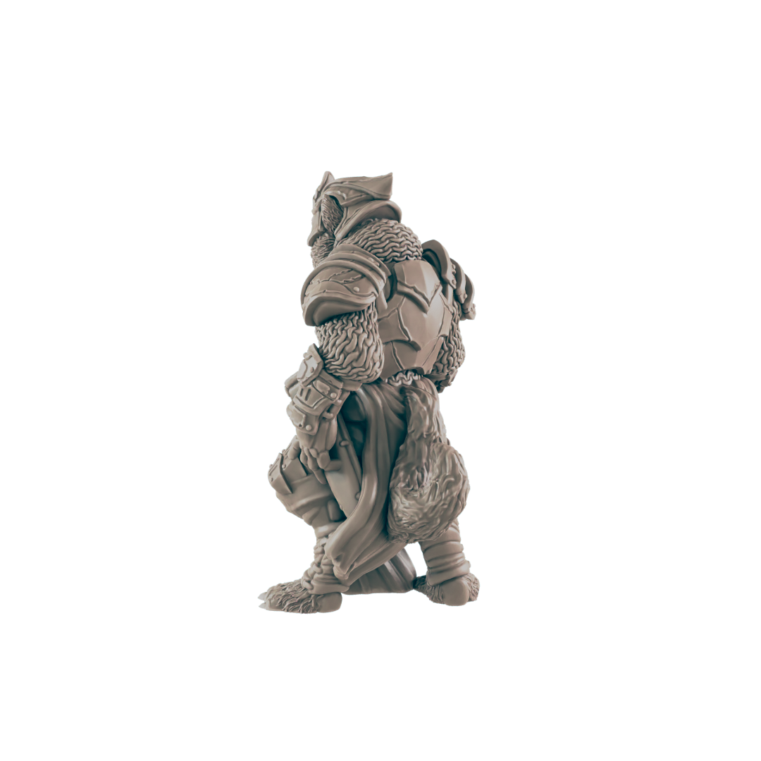 A miniature warrior with fur armor stands, facing left, in the black background.