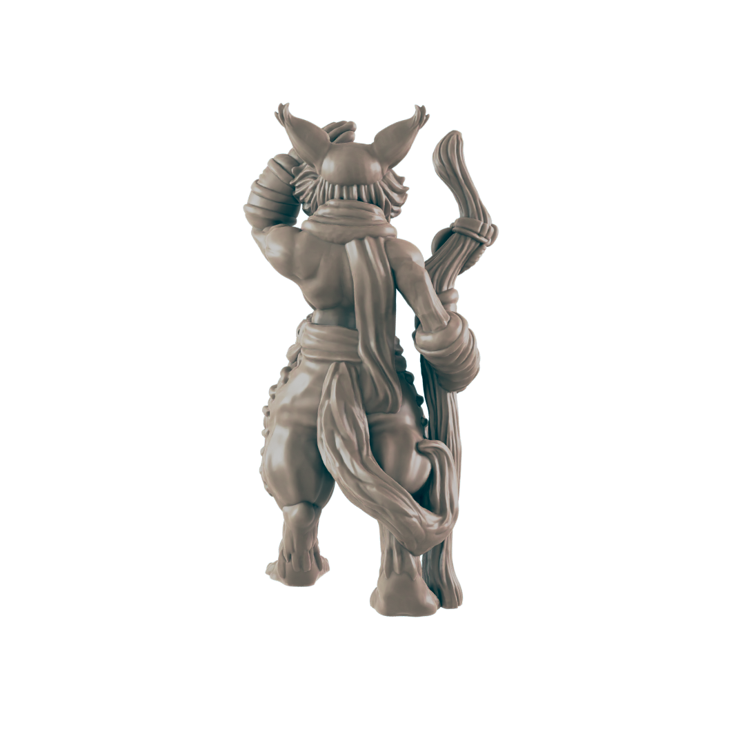 A humanoid fox-like figure stands with back turned, holding a twisted wooden staff. It's against a dark background, detailed and sculptural.