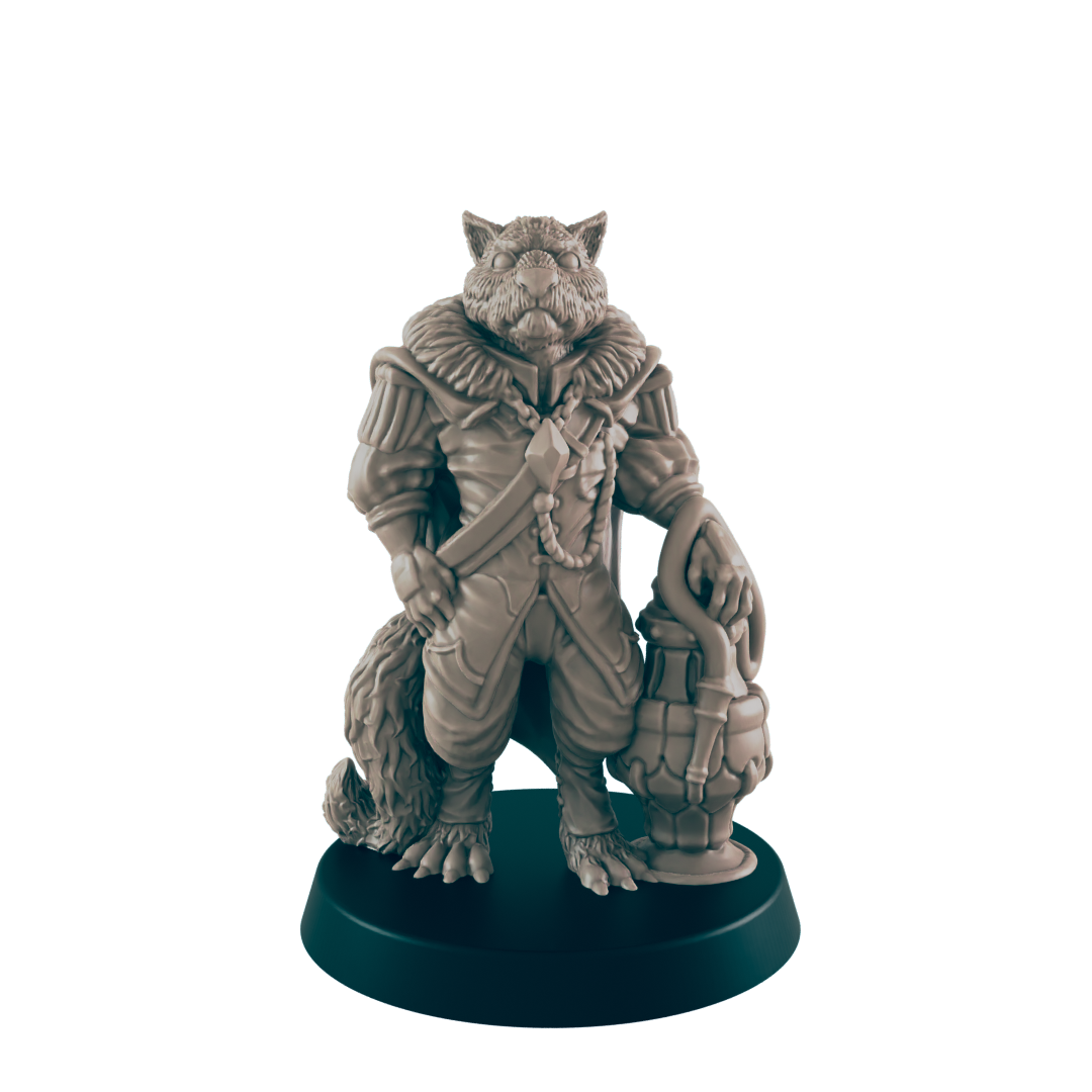 A furry, humanoid wolf stands on a black base, wearing detailed period clothing. It is holding an ornate lantern. The background is solid black.