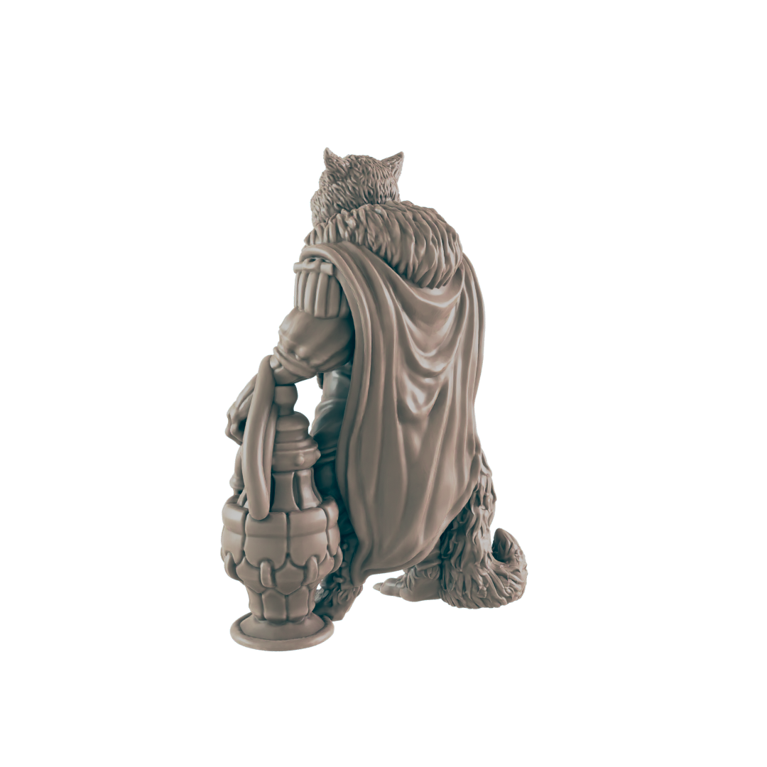 A grey wolf-human hybrid figure stands, wearing a cape and period clothing, and is holding a lamp. The wolf man is shown from the back.