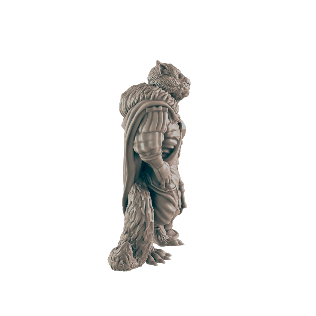 A miniature figurine of a furry, anthropomorphic creature stands against a dark background. It is dressed in medieval-style clothing and a long cape. The figure is posed in profile view.