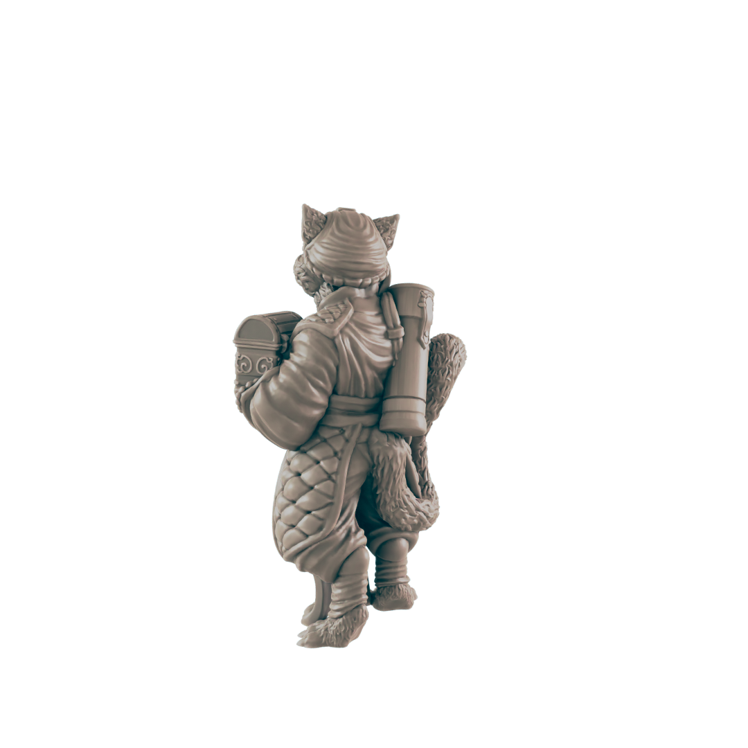 A grey-scaled anthro-wolf figure stands, carrying a treasure chest, a roll on their back, and fur trim on their winter coat, against a black background.